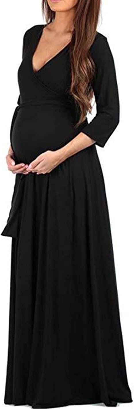 Women's 3/4 Sleeve Maternity Dress with Waist Tie,Mopping Maternity Long Skirt,for Casual Wear 