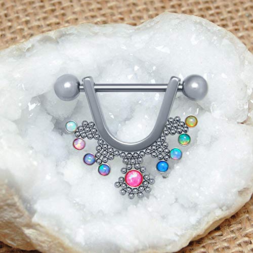 Nipple Shield Ring 14g - 316L Stainless Steel Nipple Bar - Nipple Barbell with Opal - Drop Nipple Ring - Fashion Piercing Jewelry