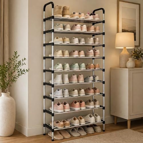 Sapateira Vertical em Alumínio, Preta | 9 Prateleiras, Para 27 Pares