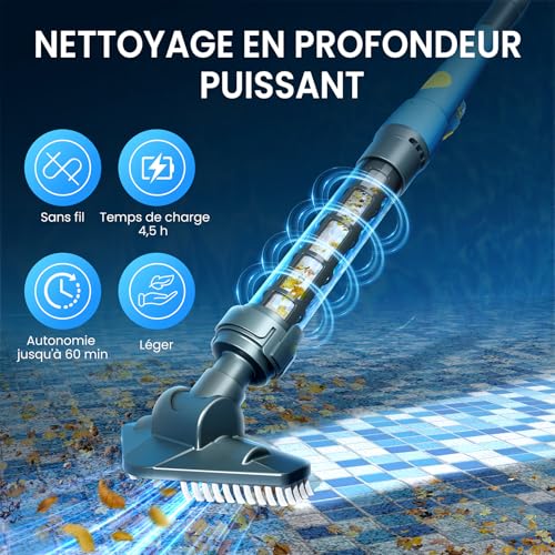 Aspirateur de Piscine sans Fil à Batterie avec Forte Puissance d'aspiration et Batterie Rechargeable pour Hot tubs, spas et Petites piscines