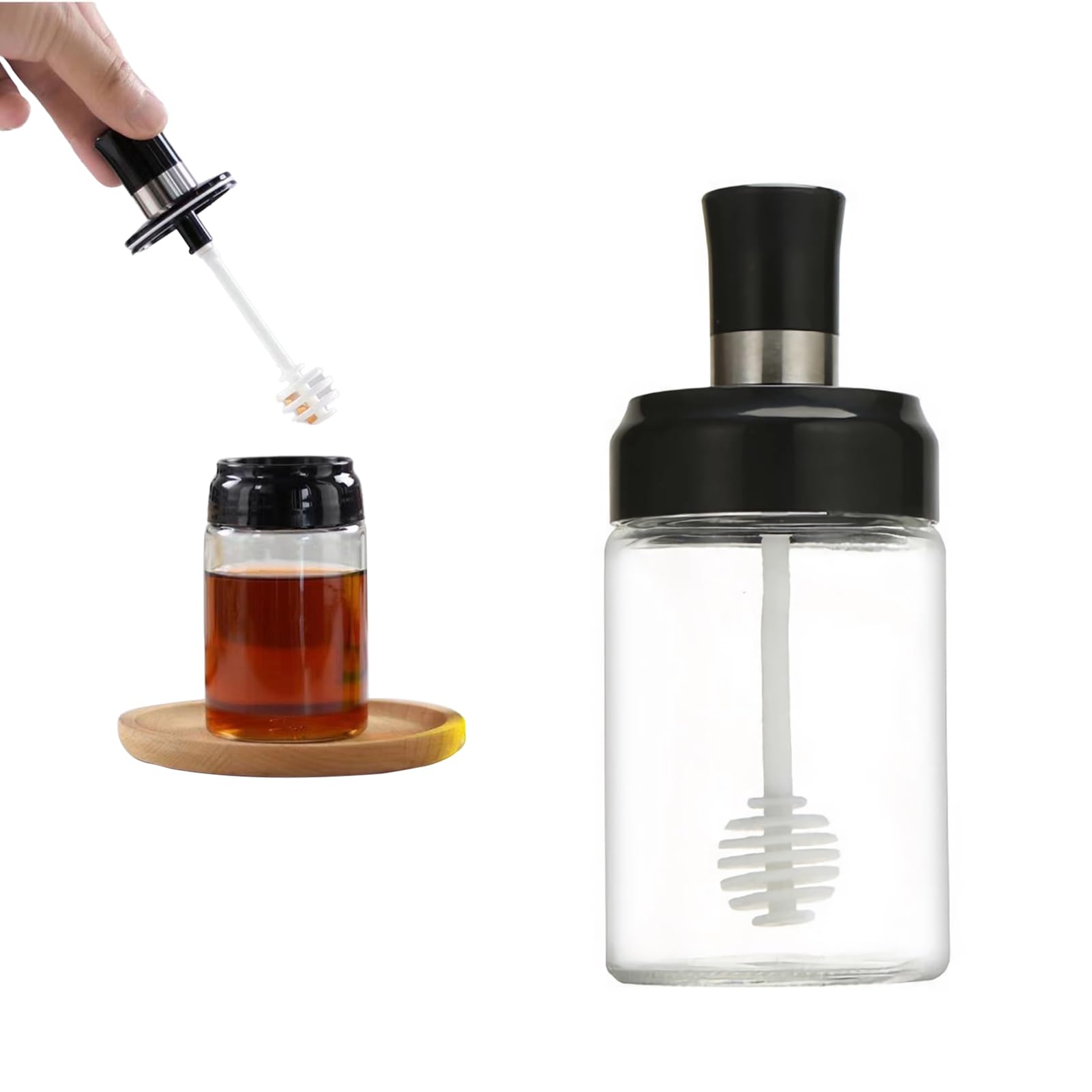 Miupoo Honey Jar with Spoon Cover,Wave Design Glass Bottle with Silicone Stir Stick,Sealed Transparent of Honey Container,Honey Pot with Spoon Lid Design Moisture Proof Kitchen Supplies