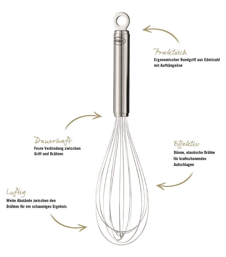 RÖSLE Schneebesen, hochwertiger Rührbesen mit schmalem Griff, Edelstahl 18/10, Spülmaschinengeeignet, Länge 17 cm, Silber 5