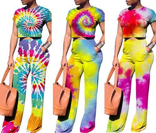 Women Tie Dye Print Round Neck Short Sleeve Crop T-Shirt Top 2 Piece Long Jumpers