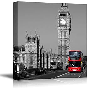Black and White Photograph with Pop of Red on a Bus in London by The Big Ben - Canvas Art Home Art - 12x12 inches