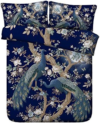 KTLRR Branch Peacock Duvet Cover Set,Digital Printing Two Noble Peacocks Standing on Flower Branch Design,Decorative Bedding Set with 2 Pillow Shams,3 Piece No comforter (Peacock, King 3pcs)