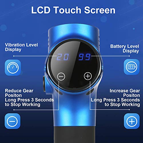 Massage Gun, Percussion Muscle Massager with 6 Replaceable Heads and LCD Touch Screen, Ultra-Quiet, 20 Speeds Level for Muscle Tension Relief - MASWATER Massager (Blue)