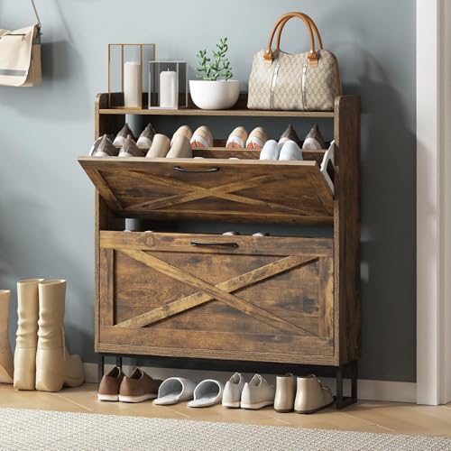 MOZOGOT Shoe Storage Cabinet with 2 Flip Drawers, Free Standing Shoe Racks Narrow Slim Shoe Organizer with Storage Top Cubby, Hidden Shoe Storage for Entryway, Living Room, Hallway (Rustic Brown)