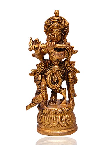 Purpledip Small Hindu Religious Lord Krishna Statue Sculpted in Solid Brass Metal for Home Temple, Office Table or Shop Puja Shelf | Hindu Religious Gift (10524)