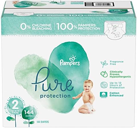 [100% Clinically proven hypoallergenic] 'Pampers' Pure Protection Diapers, Premium cotton, Soft, Size 2, Count 144 ct [Free of chlorine bleach, fragrance, lotion, parabens, and EU 26 allergens]