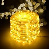 8 modes Solar Rope Lights, AGPtEK 13m/42.6FT 100LED Curtain Lights for Indoor/Outdoor Decorations/Garden/Patio/Party - 2400mah High Capacity Battery - 8 Modes - Warm White