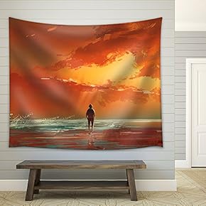Illustration - Lonely Man Standing on The Sea Under Sunset Sky,Illustration Painting - Fabric Wall Tapestry Home Decor - 51x60 inches