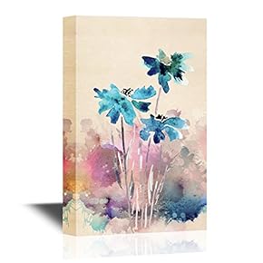 Leaf and Floral Canvas Wall Art - Abstract Blue Flower on Watercolor Style Background - Gallery Wrap Modern Home Art | Ready to Hang - 12x18 inches