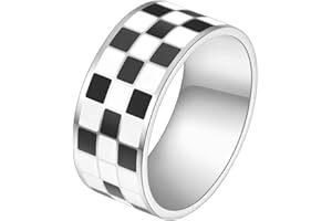 PAMTIER Unisex Stainless Steel 8mm Black and White Checkerboard Pattern Signet Ring