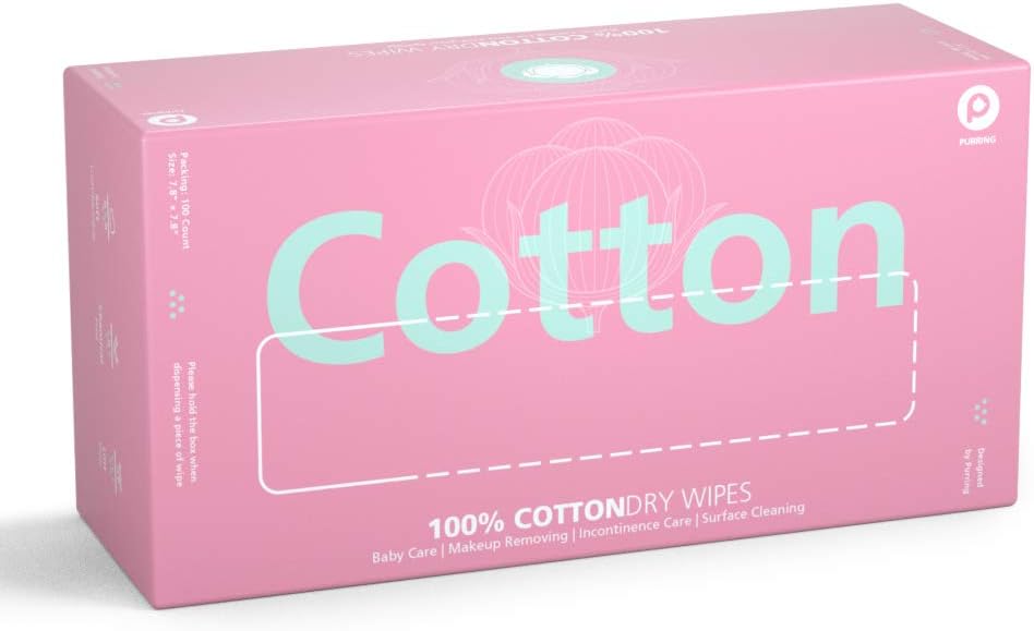Purring 100% Cotton Dry Wipes for Care and Sensitive Skin, 7.87 x7.87 inches, 100 Count