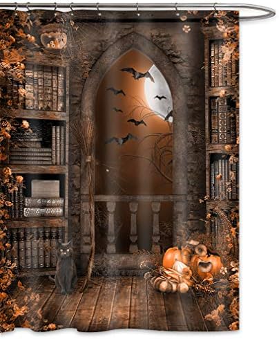 FKOG Halloween Shower Curtain Bats Cat Broom Full Moon Night Old Book Bookshelf Pumpkin Corridor Spider Web Castle Shower Curtain Animal Curtain with Hooks 70 Wx78 L Inches