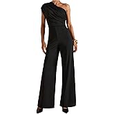 OYOANGLE Women's One Shoulder Sleeveless Dressy Jumpsuits Ruched Wide Leg Long Pants Romper