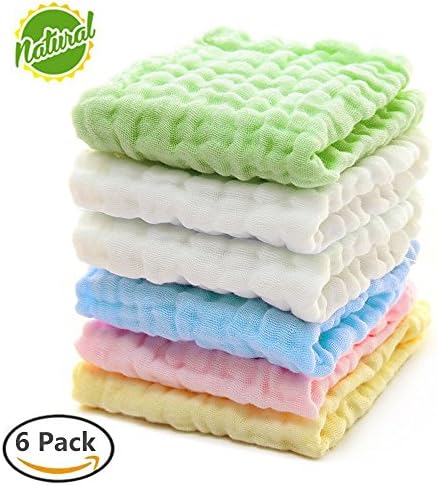 100% Natural Muslin Cotton Baby Towels Washcloths - Super Soft Reusable Ultra-absorbent Baby Wipes Newborn Baby Face Towel for Sensitive Skin- Perfect Baby Shower Gifts 11x11 inches 6 Pack By Heavy Ta