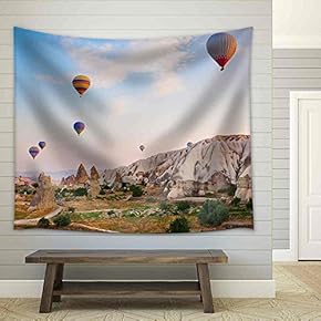 Hot Air Balloon Flying Over Rock Landscape at Cappadocia Turkey - Fabric Wall Tapestry Home Decor - 51x60 inches