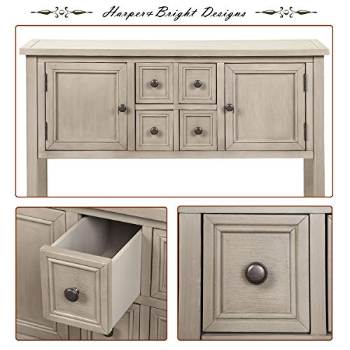 LOKESI Console Table Buffet Sideboard Sofa Table with 4 Storage Drawers Two Cabinets and Bottom Shelf (Antique Gray)