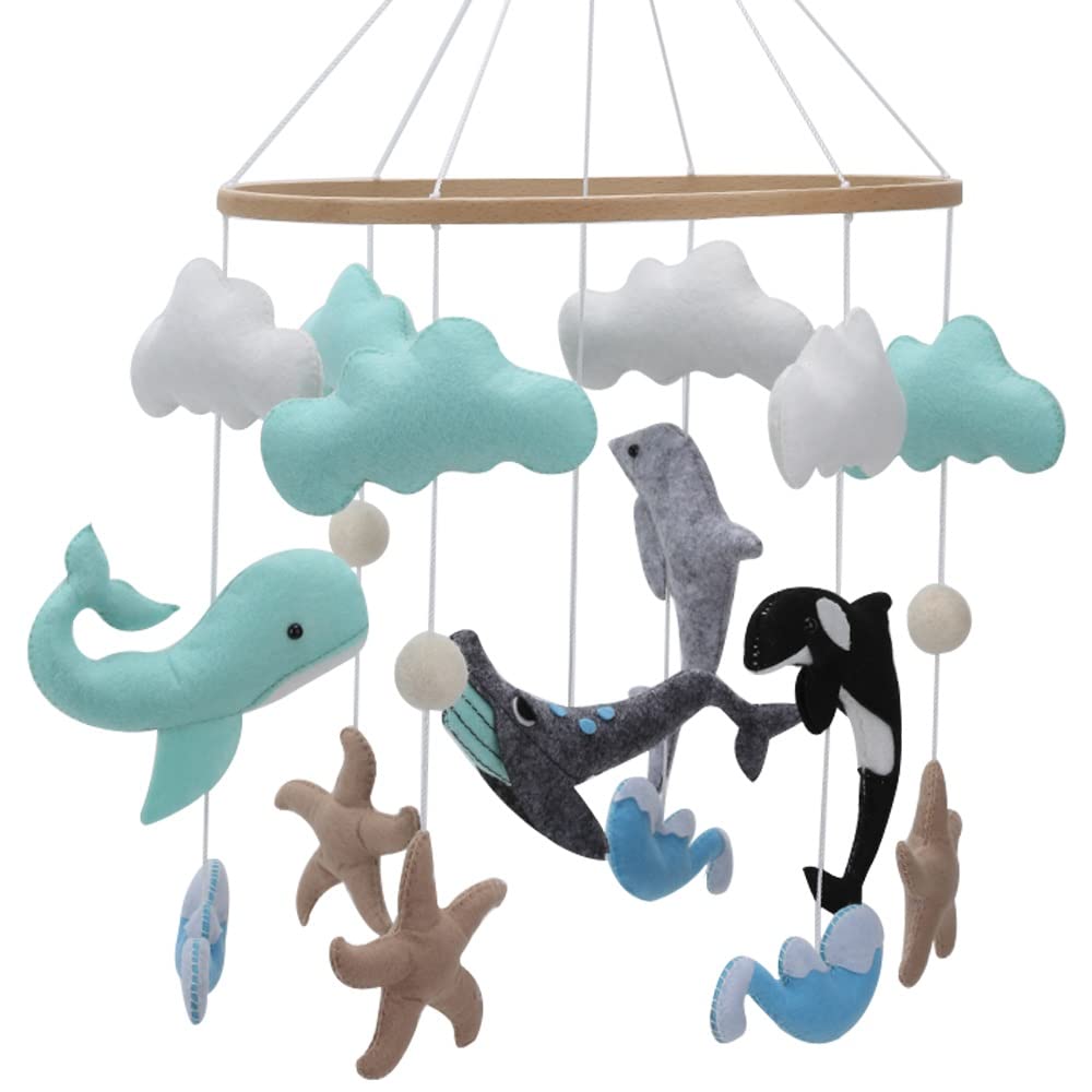 Blue Whale Baby Mobile - Hand Made Felt Sea & Ocean Waves Nursery Hanging Crib Mobile