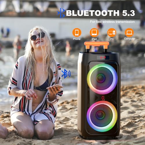 JYX Karaoke Machine for Adults with Dual 8" Subwoofer, 500W Bluetooth 5.3 Big Speaker with 2 UHF Wireless Microphones,DJ Lights PA System Suit TF/USB/AUX/TWS,Rolling Wheels Trolley for Outdoor Party