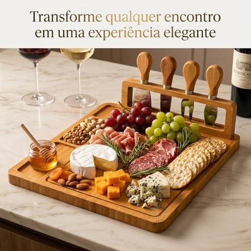Tábua de Frios Petisqueira Bambu com Kit 4 Facas e Suporte | Tábua para Queijos Aperitivos e Servir | Bandeja Gourmet Premium 39x29cm