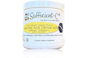 Sufficient-C High Dose Non-GMO Vitamin C Lemon Peach Immune-Ade Drink Mix, Convenient 125 Gram Size w/L-lysine, Bromelain & a Premium 96% Pure Green Tea Extract - Stomach Friendly, Adrenal Supportive
