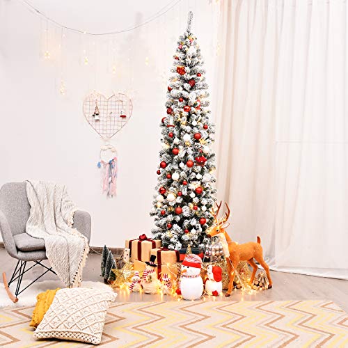 Goplus 7.5ft Artificial Snow Flocked Christmas Tree, Unlit Pencil