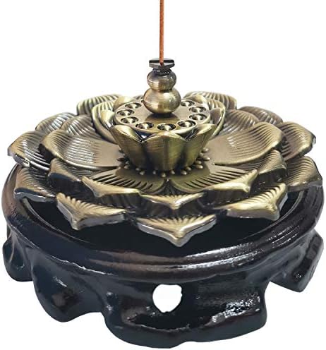 Yakin shop Bronze Lotus Flower Incense Holder Stick Cone Coil Incense Burner Ash Catcher with Wooden Base