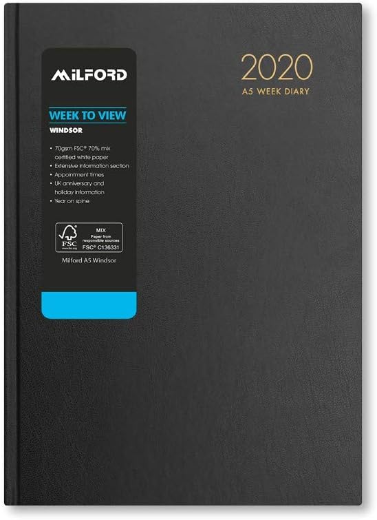 Milford 2020 A5 Week to View Desk Diary with Appointments - Jan to Dec - Windsor (Black)