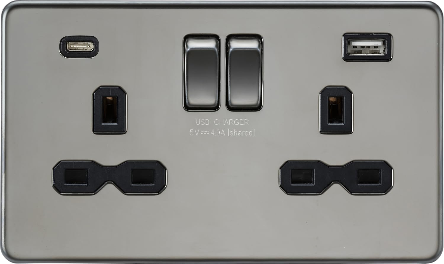 13A 2G SP Switched Socket with Dual USB A+C (5V DC 4.0A shared) - Black Nickel with Black Insert