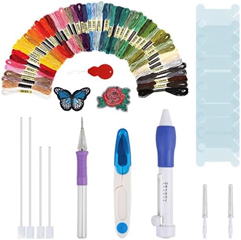 Magic Embroidery Pen, WELCOMY Embroidery Stitching Punch Needles Craft Tool Set Including 50 Color Threads for DIY Sewing Cross Stitching and Knitting Sewing Tool