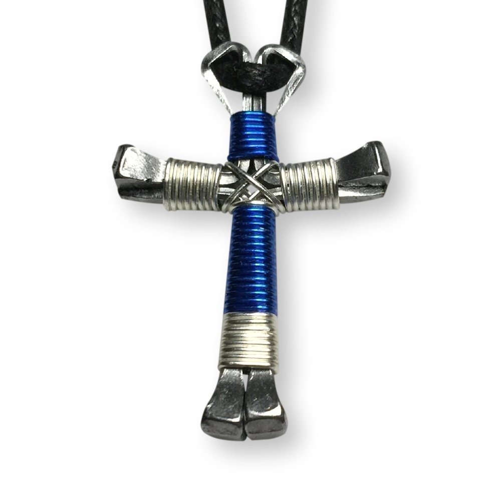 Horseshoe CrossesSport - Blue & Silver Horseshoe Nail Cross Necklace