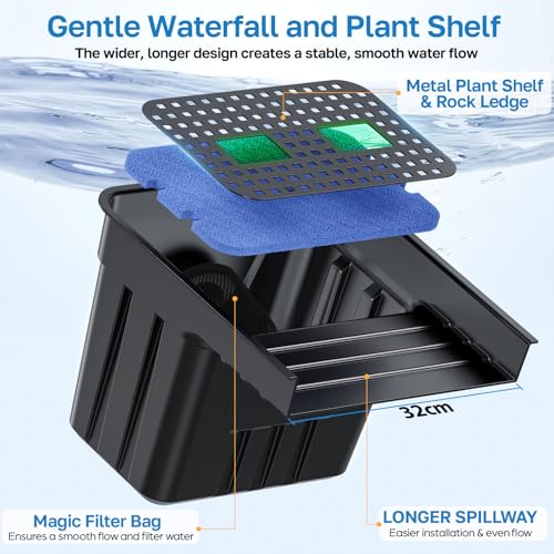 POPOSOAP Pond Waterfall with 4500 L/H Pond Pump, 3m Corrugated Tubing, Filter Media, Pond Waterfall Filter for Outdoor Garden Pond, Streams, Water Features