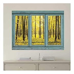 Vintage Teal Window Looking Out Into a Yellow Forest - Wall Mural, Removable Sticker, Home Decor - 24x32 inches