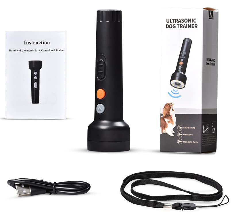 TK STAR Anti-Bark Device Torch, 3-in-1 Ultrasonic Trainer + Sound + Light Dog Bark Deterrent Wolf Repellent Control Device, Dog Training, Behaviour Trainer, Rechargeable, 5 m Range