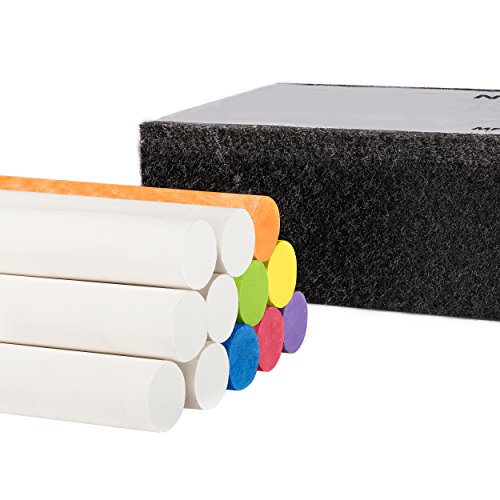 Chalk, Non-Toxic Dustless Chalk - 12 White, 12 Colored - With Chalkboard Chalk Eraser - Fun Value Set (White & Colored Chalk)