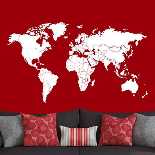 World Map Decal w/ Countries Borders (Z010 White, 60"W x 35"H / 152cm x 89cm)