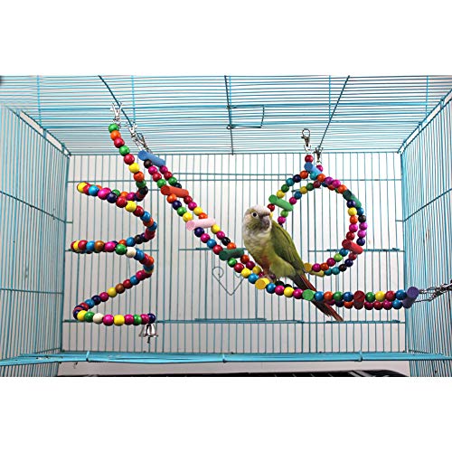 QBLEEV Bird Toys Cage Playset, Hanging Climbing Chewing Wooden Parrots Toys, Colorful Ladder Swing Perch Stand, Bungee Beads Toys for Cockatiel Conures Parakeet Small Macaw African Grey
