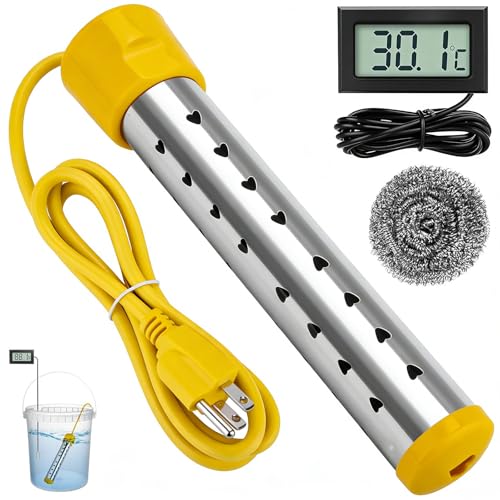 Calentador de Agua de Inmersión 1500W, Calentador de Agua Eléctrico Portátil, Resistencia para Calentar Agua Cubeta, con Acero Inoxidable 304, Termómetro LCD, Cepillo de Limpieza, Calentamiento Rápido