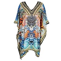Mogul Women's Short Caftan Jewel Print Baby Blue Poncho Coverup Boho Kaftan Top