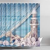 ABxinyoule Lighthouse Shower Curtain Shell Conch Nautical Blue Fabric