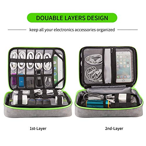 Electronics Organizer,Electronic Accessories Double Layer Travel Cable Organizer Cord Storage Bag for Cables, iPad (Up to 11''),Power Bank, USB Flash Drive and More-(Gray)