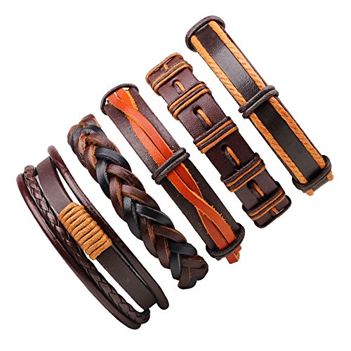 JF.JEWELRY 5-PCS Mixed Stackable Braided Leather Cuff Bracelet for Men And Women,Adjustable