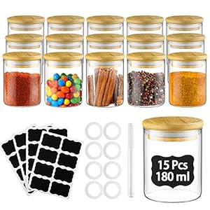 glastal 15 Kruidenpotjes 180ml Ronde Borosilicaat Kruidenpot met Bamboe Deksel 32 Zwarte Etiketten 1 Pen 8 Vervangende…