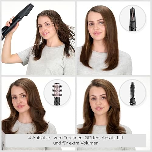 Dry, Straighten and Style - Rotierende Warmluftbürste, 1000W Ionen Rundbürstenföhn mit 4 Aufsätzen zum Föhnen, Glätten, Volumen kreieren, Schwarz, AS200E