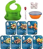 Gerber Graduates Lil Entrees Variety Meal Bundle of 7 flavors 6.6 oz each, Bowl, Spoon and Silicone Bib included. Gift Package Care Package, Baby feeding set