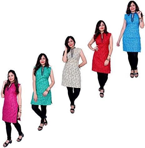 Thari choice Women Multi Coloured Sleeveless cotton Printed kurti Pack of 5 For Women and Girls