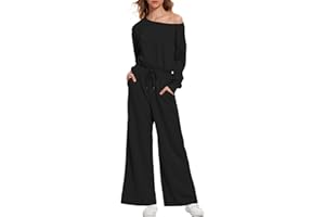 Casly Lamiit Women's Jumpsuits Dressy Casual Off Shoulder Long Sleeve Wide Leg Pants Romper One Piece Outfits with Pockets
