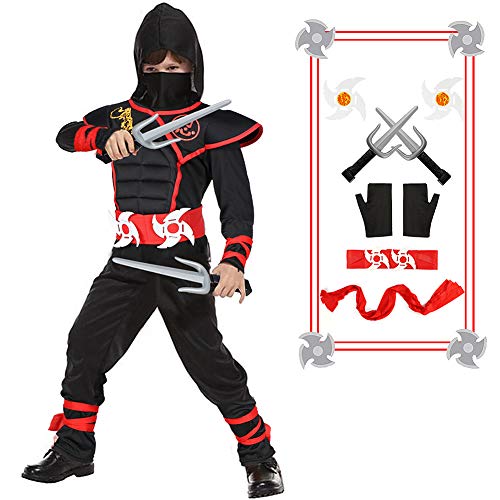 Kids Ninja Costume with Ninja Daggers and Throwing Stars Red Black Ninja Outfit Halloween Role Play for Boys & Girls(L)